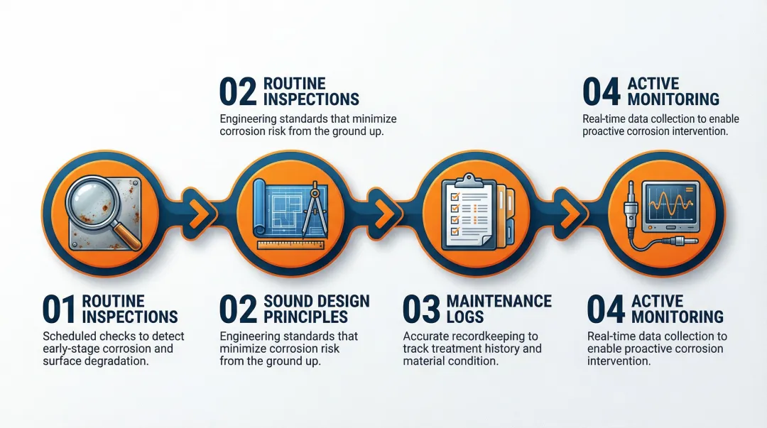 Four long-term aluminum corrosion control strategies inspection design monitoring maintenance infographic