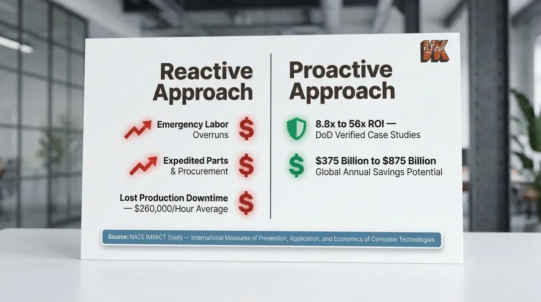 Proactive corrosion management ROI comparison showing cost savings versus reactive repair costs