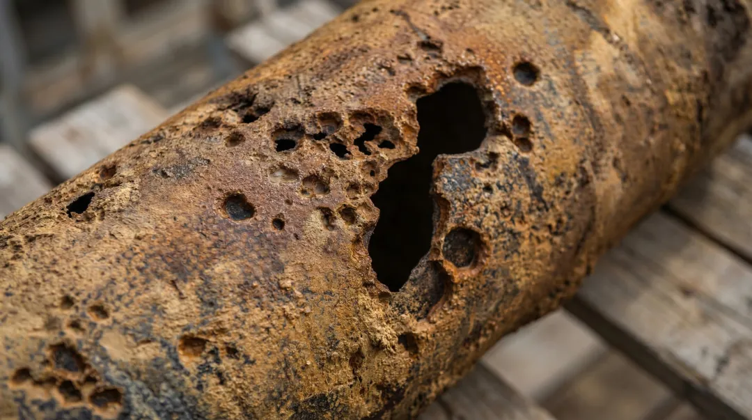 Severely corroded industrial pipeline showing advanced rust and structural degradation damage