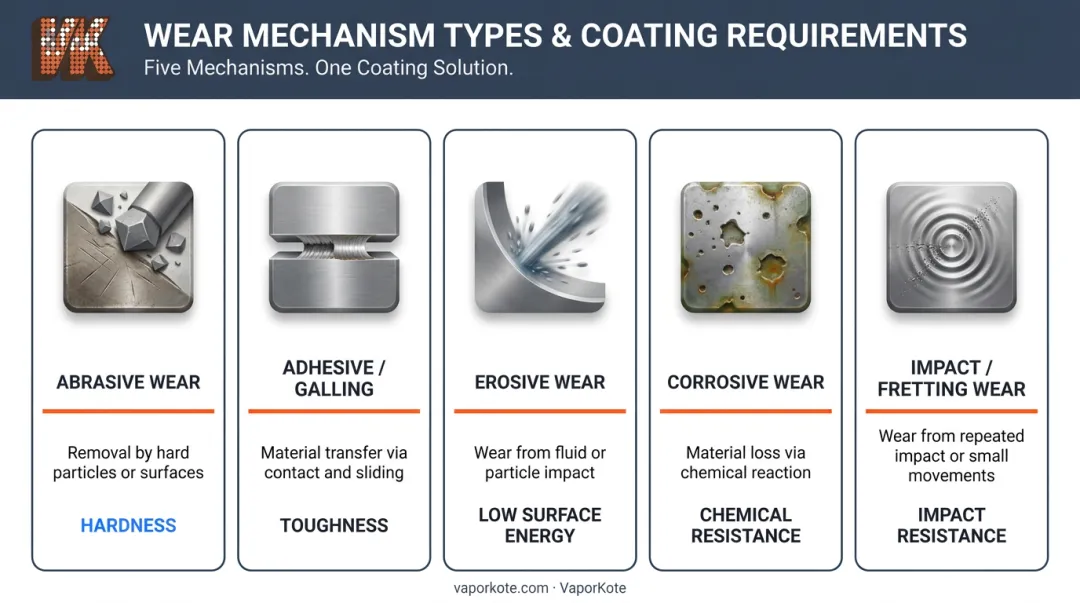 Five industrial wear mechanisms comparison infographic abrasive adhesive erosive corrosive impact