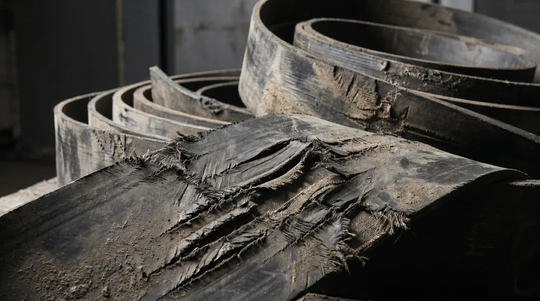 Mining conveyor chute showing visible abrasive wear damage on metal surface