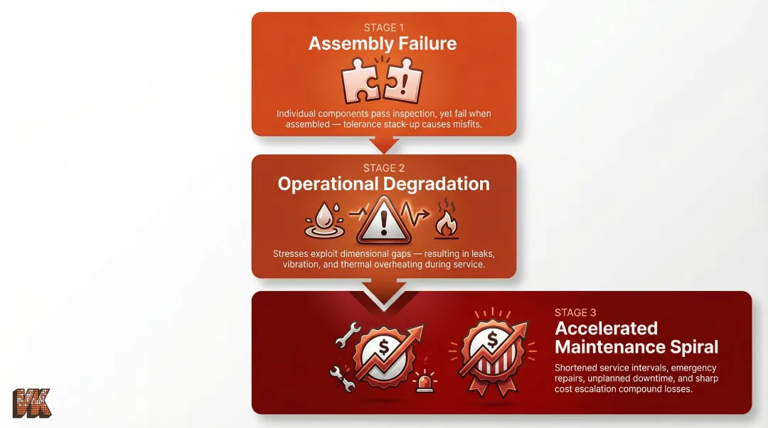 Three-stage cascade of consequences from ignored machining tolerances in industrial components