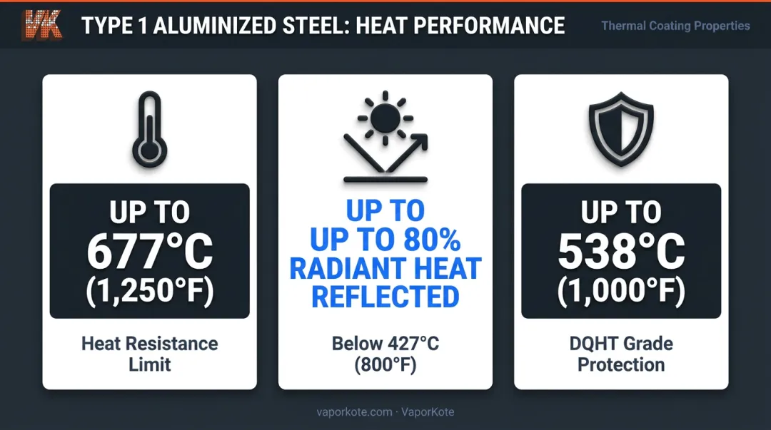 Aluminized steel heat resistance performance data showing temperature thresholds and reflectivity