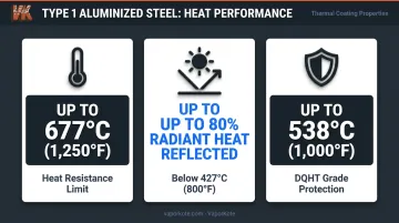 Aluminized steel heat resistance performance data showing temperature thresholds and reflectivity