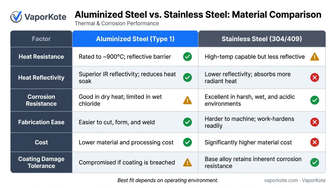 Aluminized steel versus stainless steel six-factor side-by-side performance comparison chart