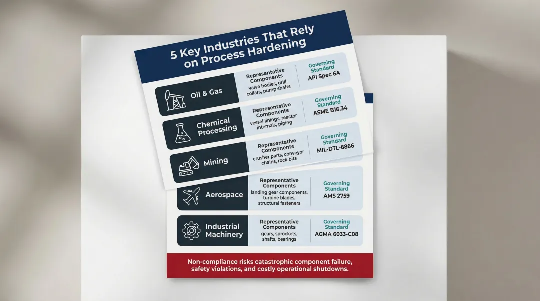 Industrial sectors using process hardening with components and governing standards reference table
