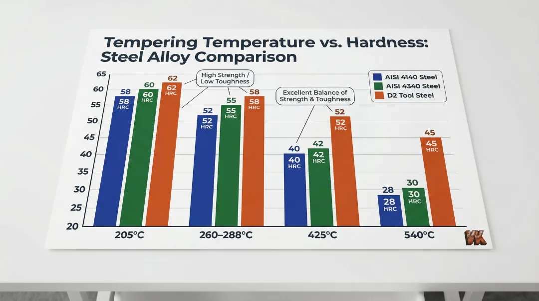 Steel alloy tempering temperature versus resulting hardness HRC comparison chart