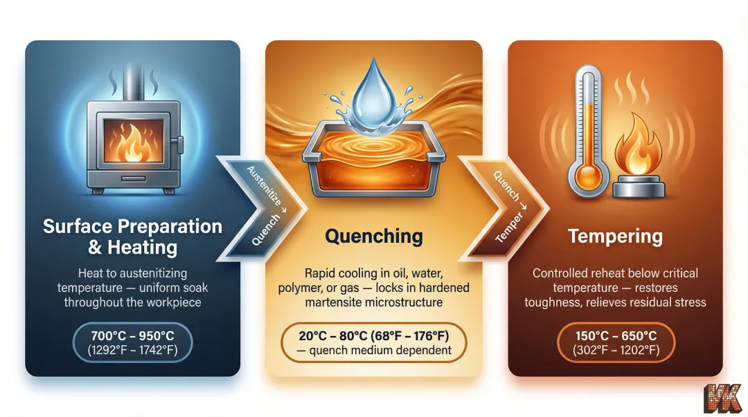 Three-step process hardening cycle heating quenching and tempering sequential flow diagram