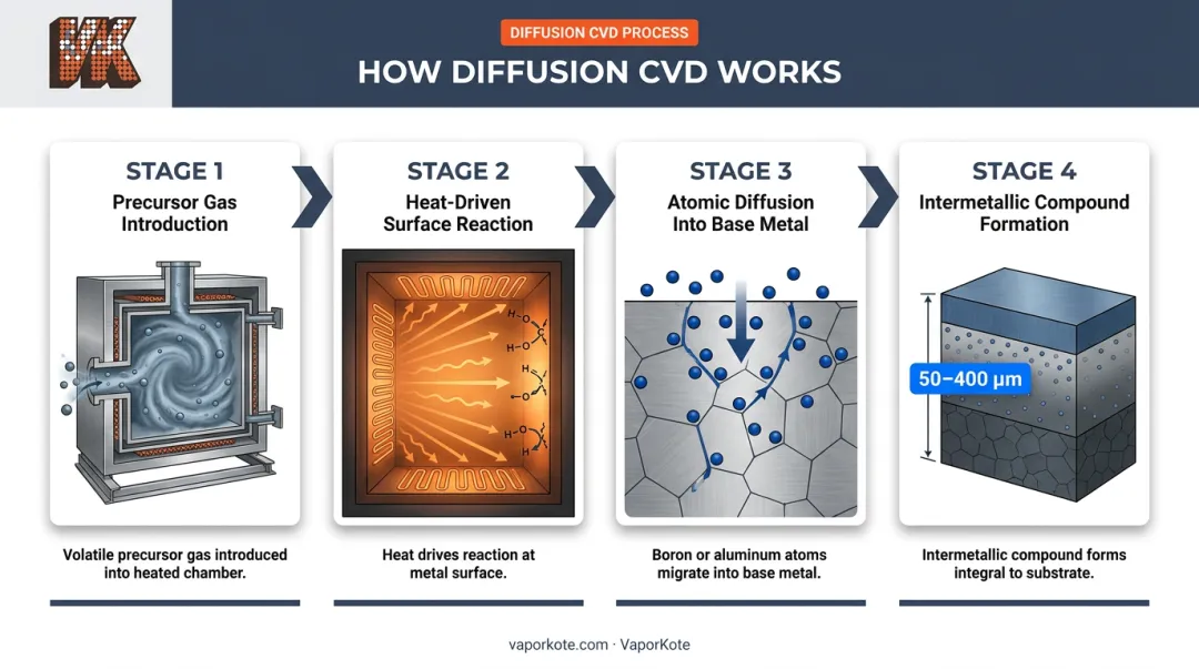 CVD diffusion coating process showing atoms migrating into base metal layer