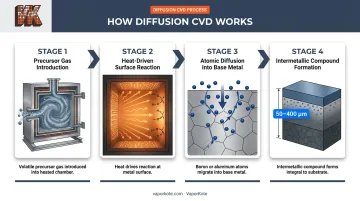 CVD diffusion coating process showing atoms migrating into base metal layer