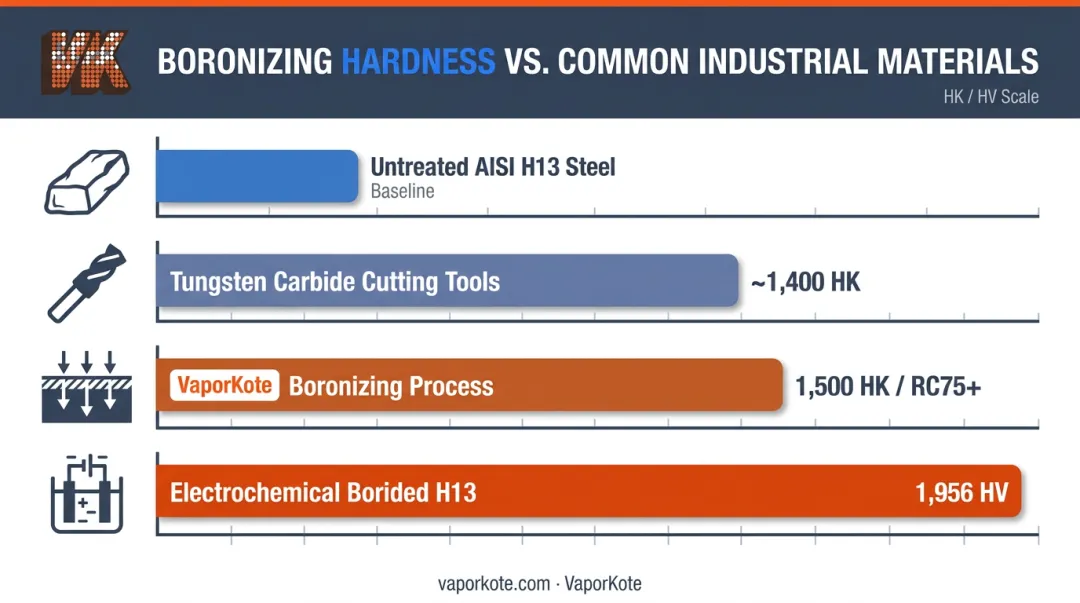 Boronizing hardness comparison chart showing CVD coating versus untreated steel and carbide