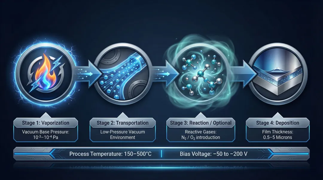 4-stage PVD process flow from vaporization to deposition with parameters