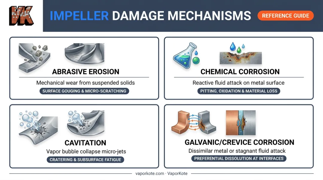 Four pump impeller damage mechanisms abrasive erosion corrosion cavitation galvanic comparison