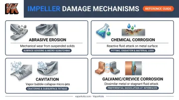 Four pump impeller damage mechanisms abrasive erosion corrosion cavitation galvanic comparison