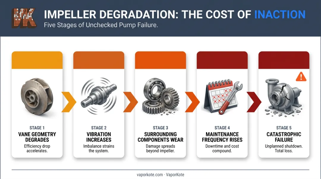 5-stage pump impeller degradation progression from geometry loss to catastrophic failure