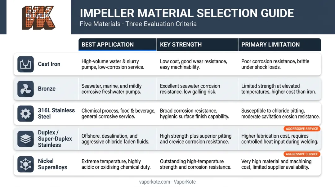 Pump impeller material selection comparison chart by fluid type and service conditions