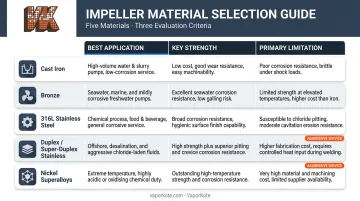 Pump impeller material selection comparison chart by fluid type and service conditions