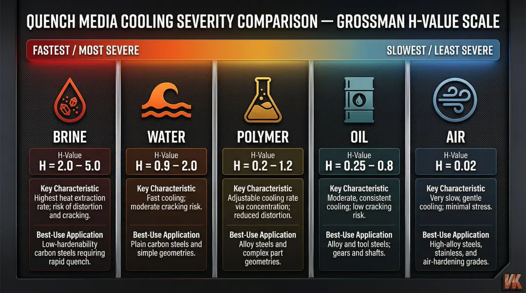 Five quench medium comparison chart cooling rate severity and best applications