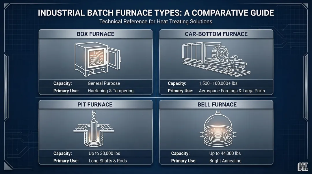 Four industrial batch furnace types comparison box car-bottom pit and bell