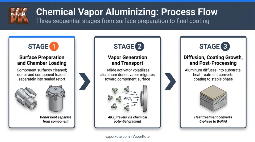 Three-stage chemical vapor aluminizing process flow from surface preparation to diffusion