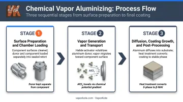 Three-stage chemical vapor aluminizing process flow from surface preparation to diffusion
