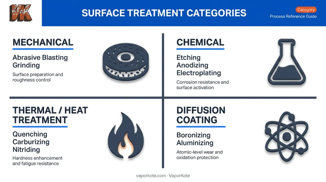 Four main surface treatment categories mechanical chemical thermal diffusion process overview