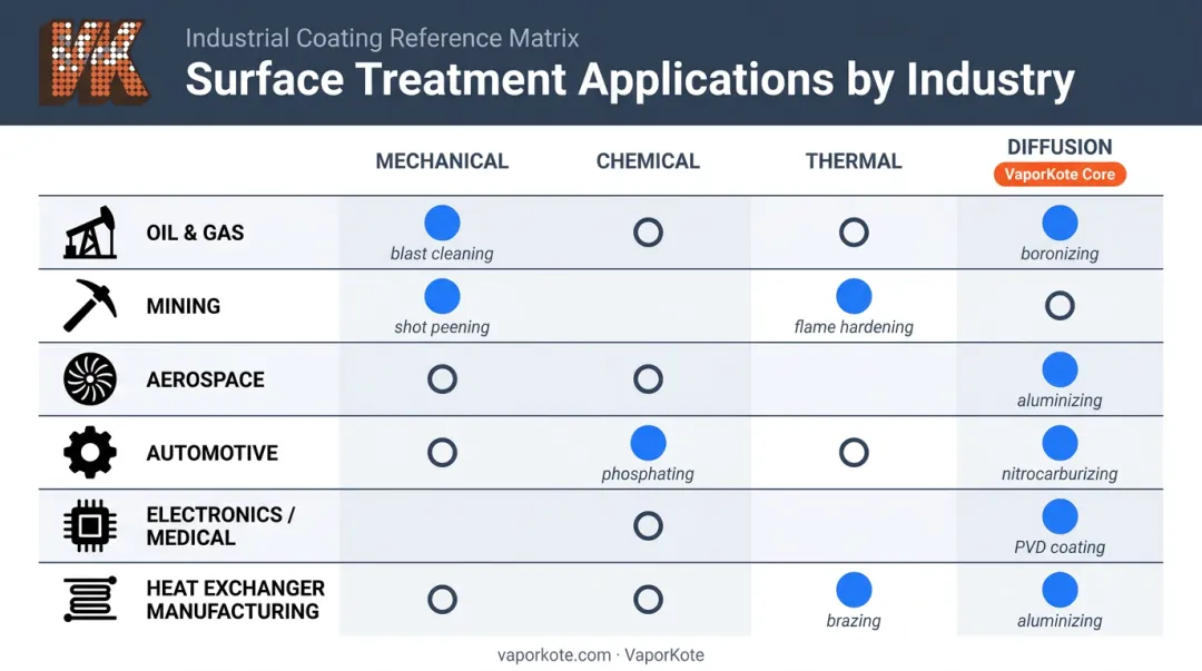 Surface treatment types by industry sector oil gas mining aerospace automotive comparison chart