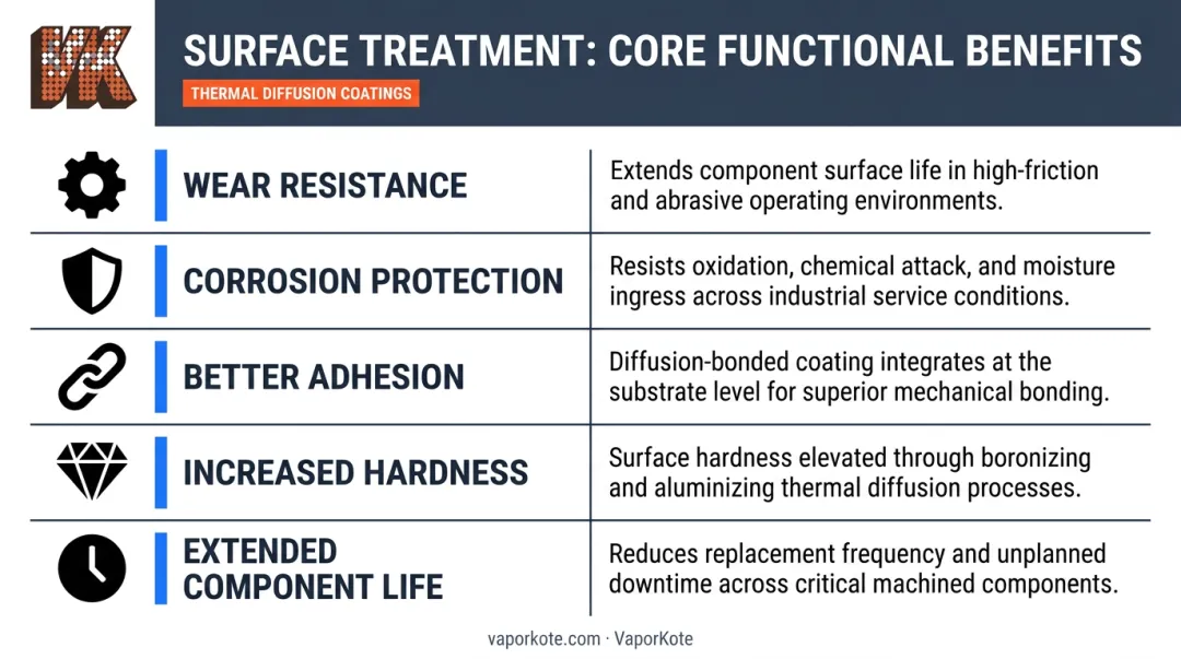 Five surface treatment benefits and operational outcomes comparison table infographic
