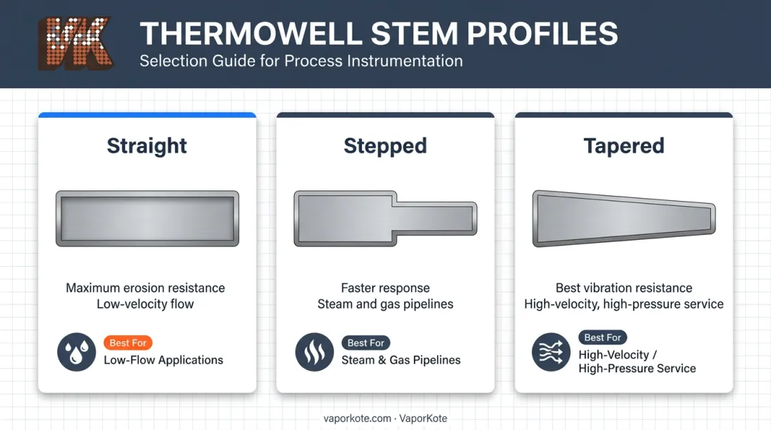 Straight stepped and tapered thermowell stem profile comparison infographic