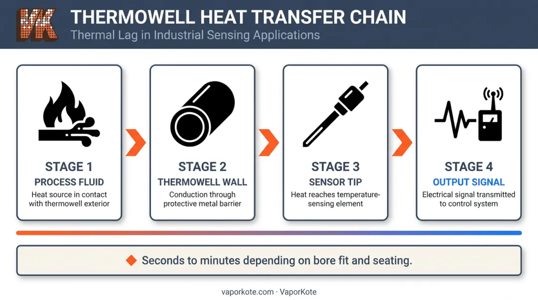 Thermowell heat transfer chain from process fluid to sensor output signal