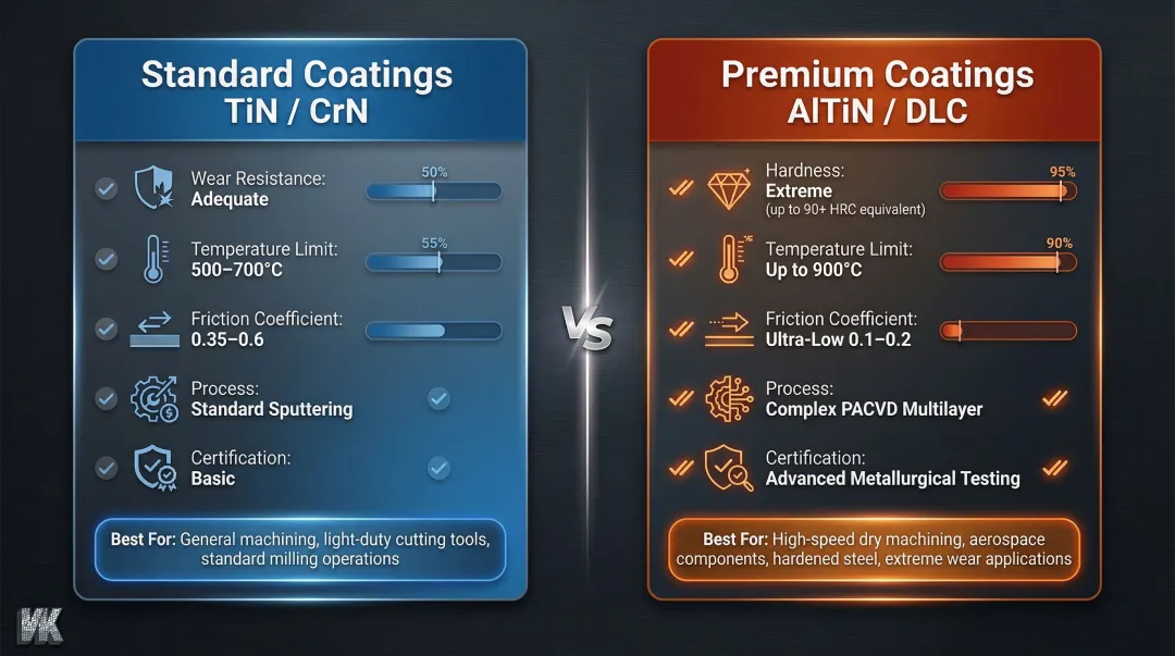 Low-cost TiN versus premium AlTiN DLC coating performance trade-off comparison chart