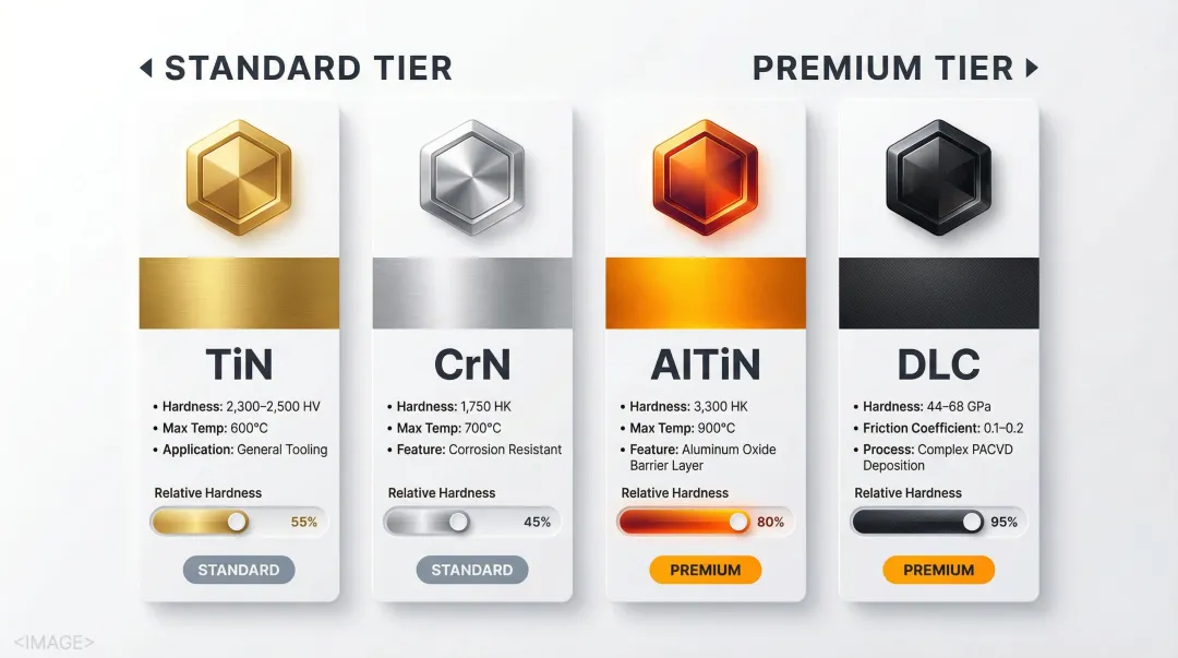 PVD coating material comparison TiN CrN AlTiN DLC hardness and temperature specs