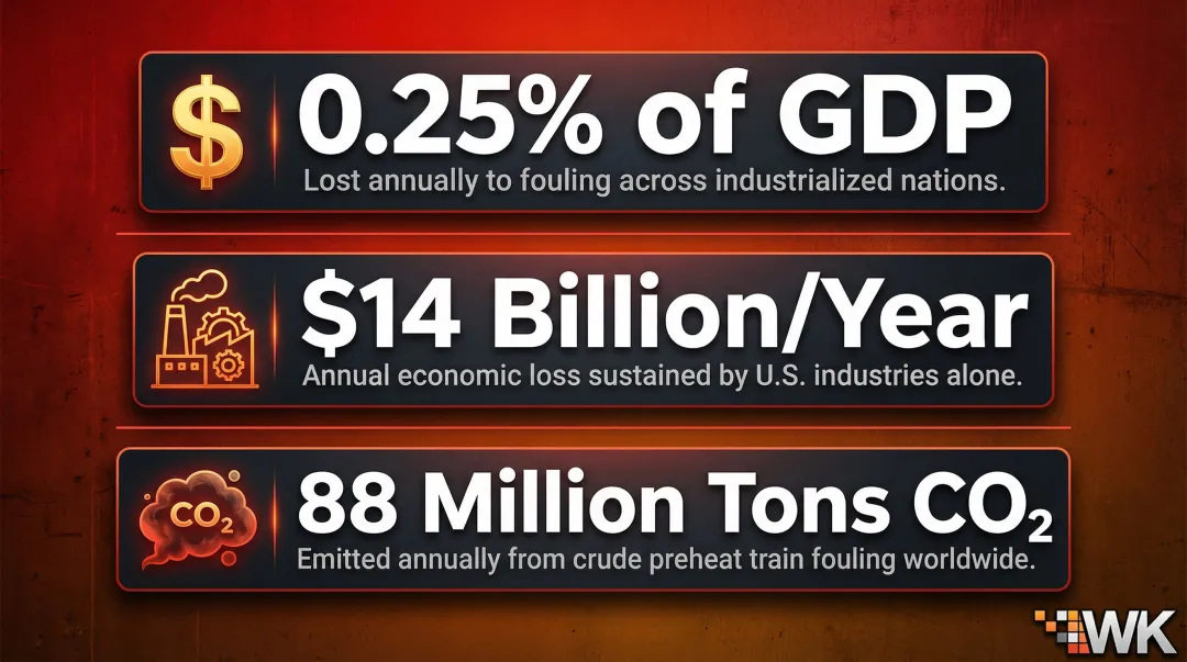 Global heat exchanger fouling cost statistics showing GDP losses and CO2 emissions