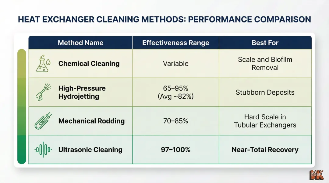 Heat exchanger cleaning methods comparison table showing effectiveness and best use cases
