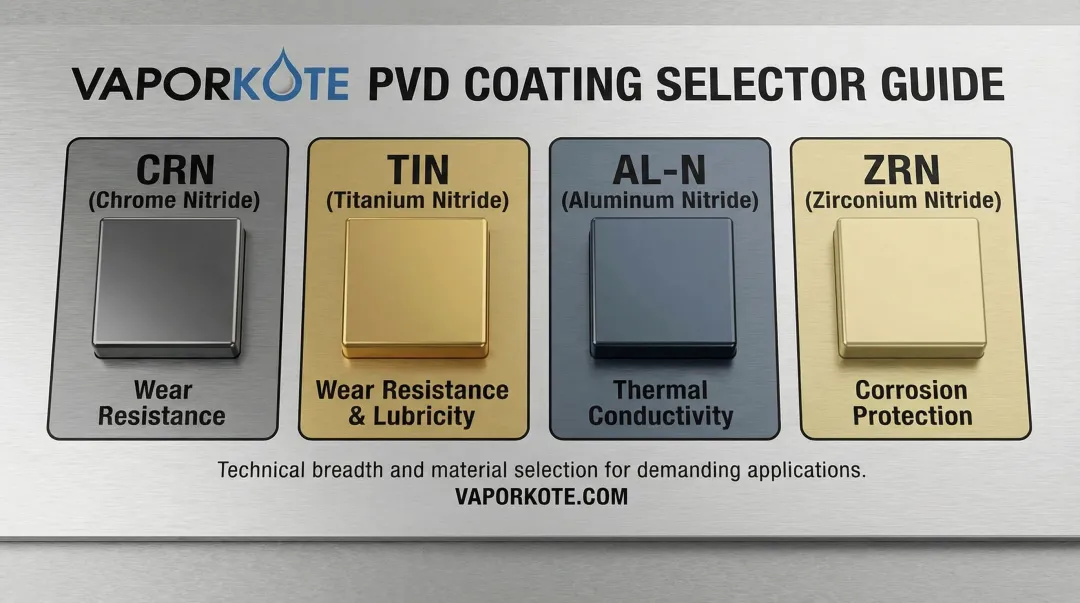 VaporKote four PVD coating materials CRN TIN ALN ZRN properties comparison chart