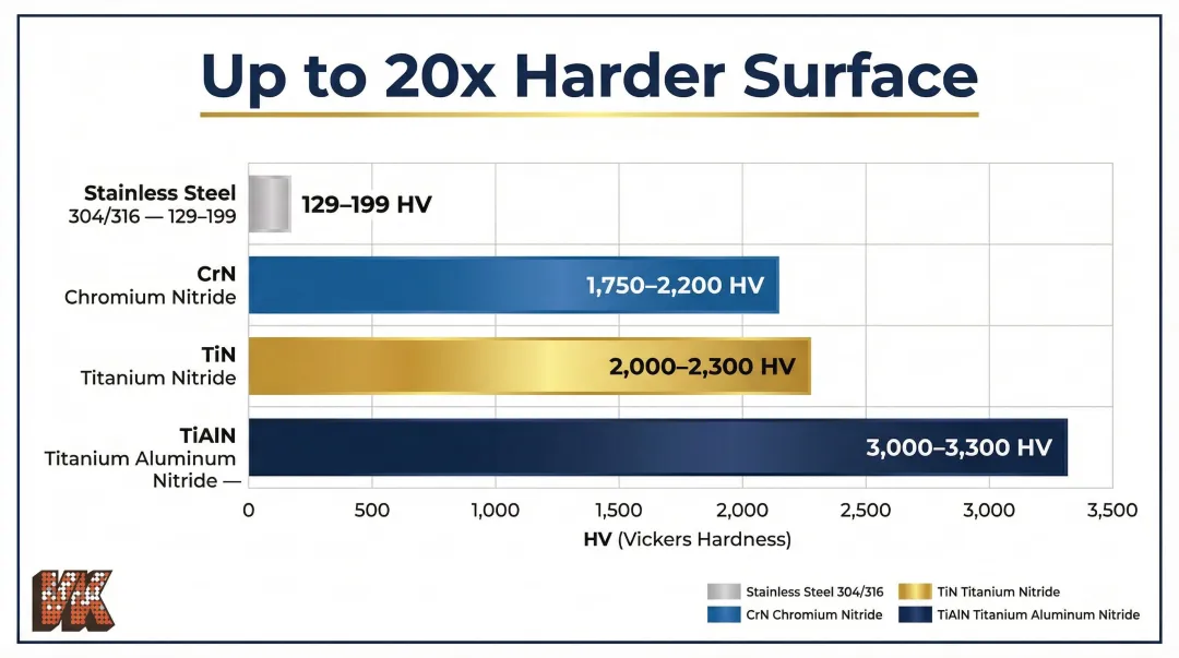 PVD coating hardness comparison chart TiN CrN TiAlN versus stainless steel