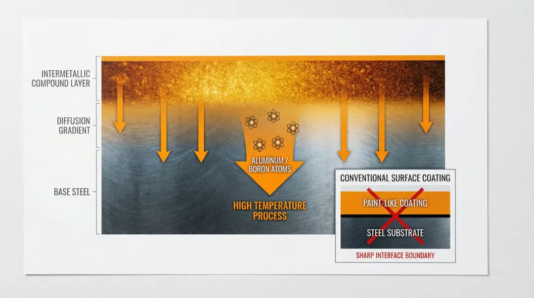 Diffusion coating CVD process showing aluminum boron atoms integrating into steel surface