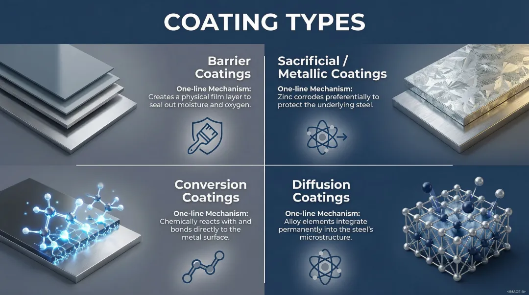 Four steel coating types mechanisms comparison infographic barrier sacrificial conversion diffusion