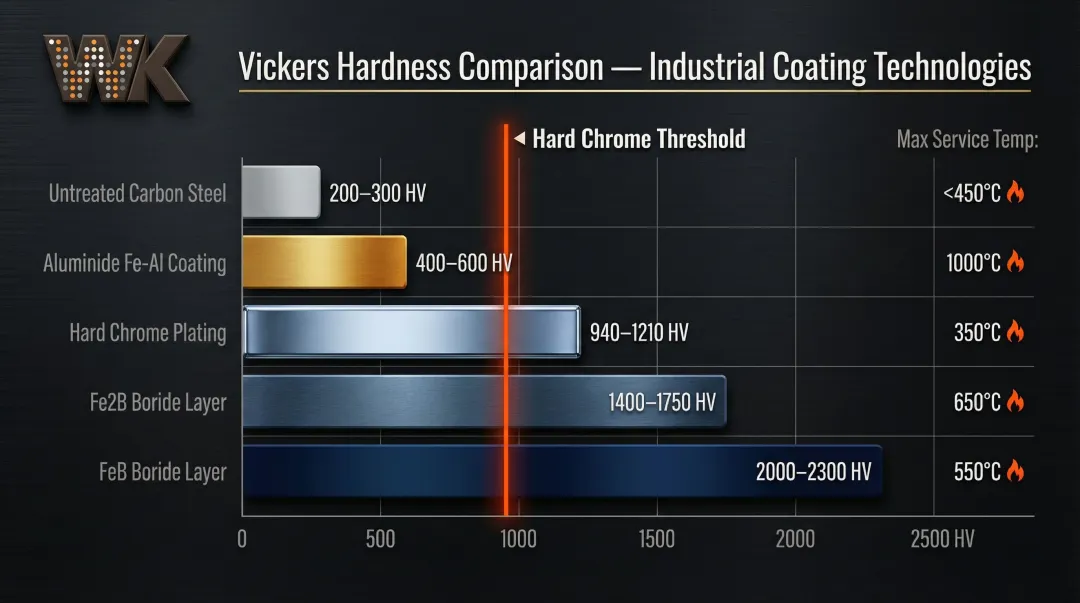 Steel coating hardness comparison chart from untreated carbon steel to boride layers HV scale