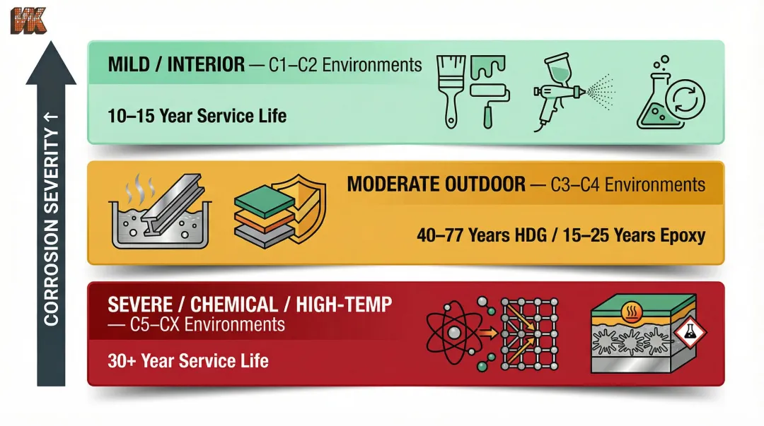Steel coating environment selection framework three tiers from mild to severe industrial conditions
