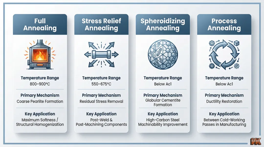 Four main annealing types comparison chart full stress relief spheroidizing process annealing