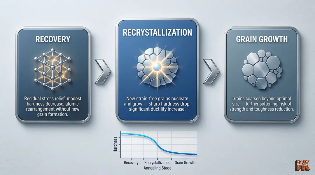 Three metallurgical stages of steel annealing recovery recrystallization grain growth process flow