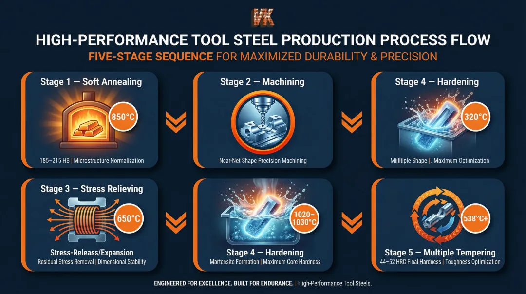 Five-step high-performance tool steel production sequence annealing machining hardening tempering process flow
