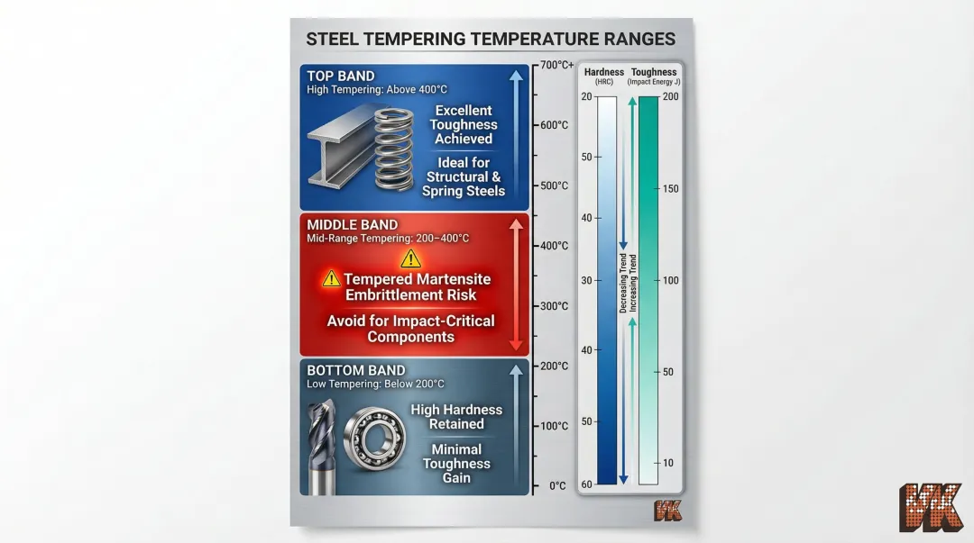 Three tempering temperature ranges low mid high outcomes hardness toughness tradeoff comparison