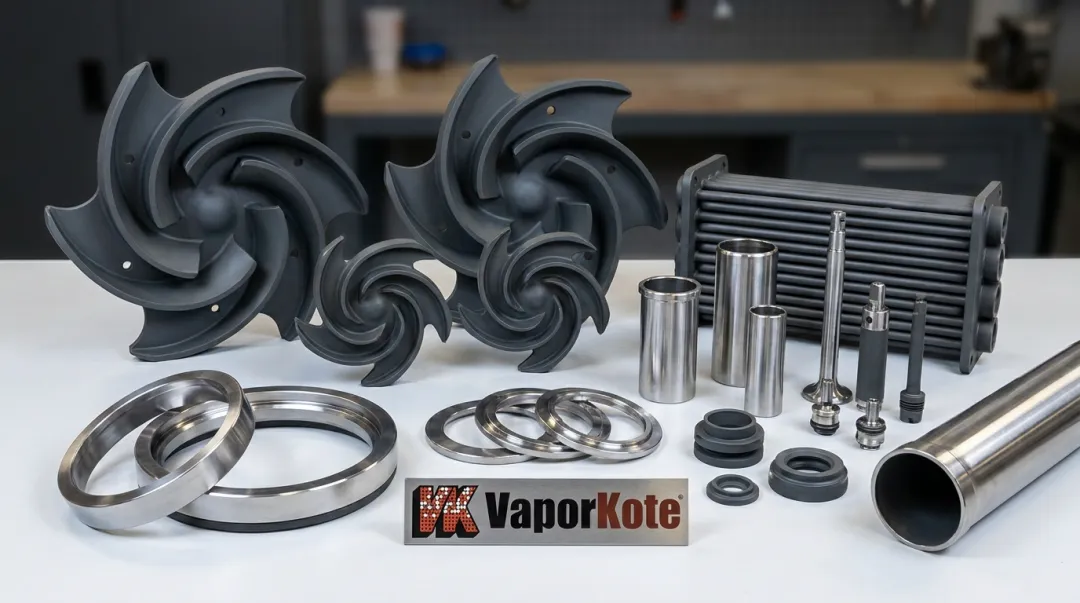 VaporKote industrial components including pump sleeves impellers valve parts and heat exchanger tubing