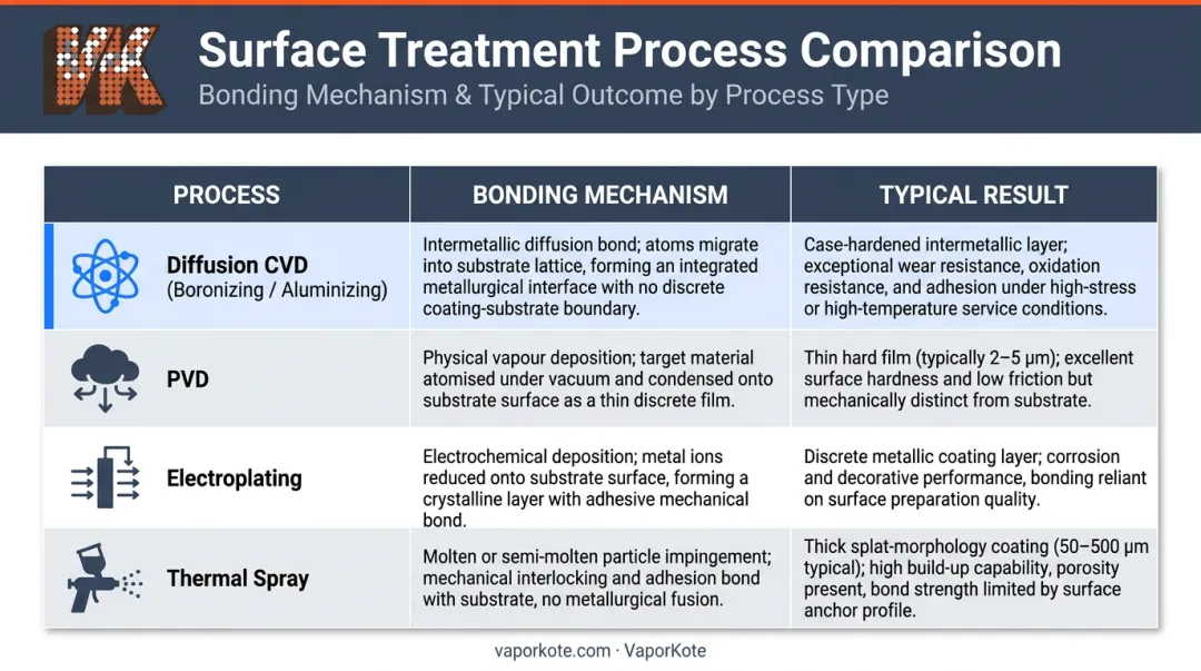 Four surface treatment methods comparison chart bonding mechanisms and results