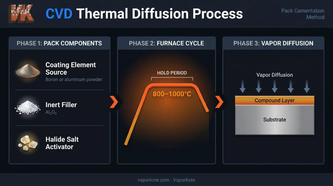 CVD diffusion coating three-step thermal processing sequence with pack chemistry components