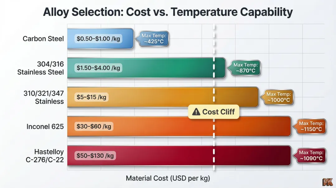 High-temperature alloy material cost comparison from carbon steel to nickel superalloy