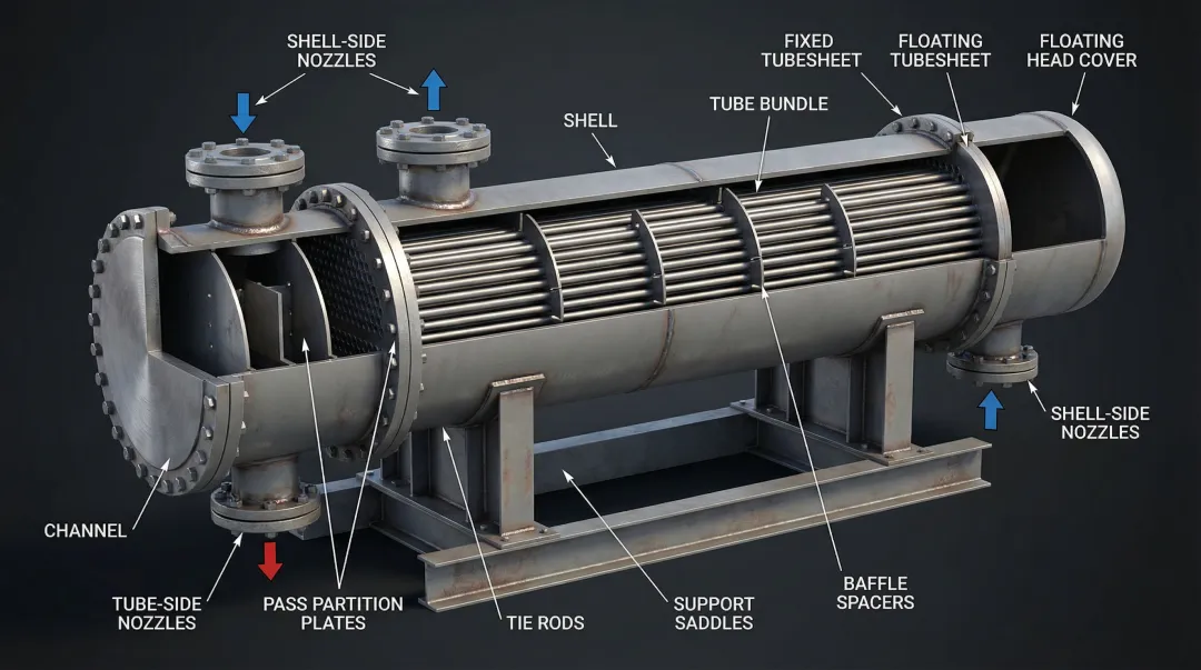 Industrial shell and tube heat exchanger unit with high-alloy tube bundle installed