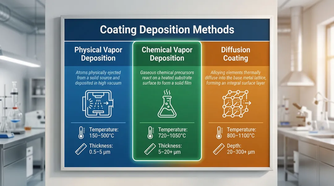 Three coating deposition categories PVD CVD diffusion process comparison infographic